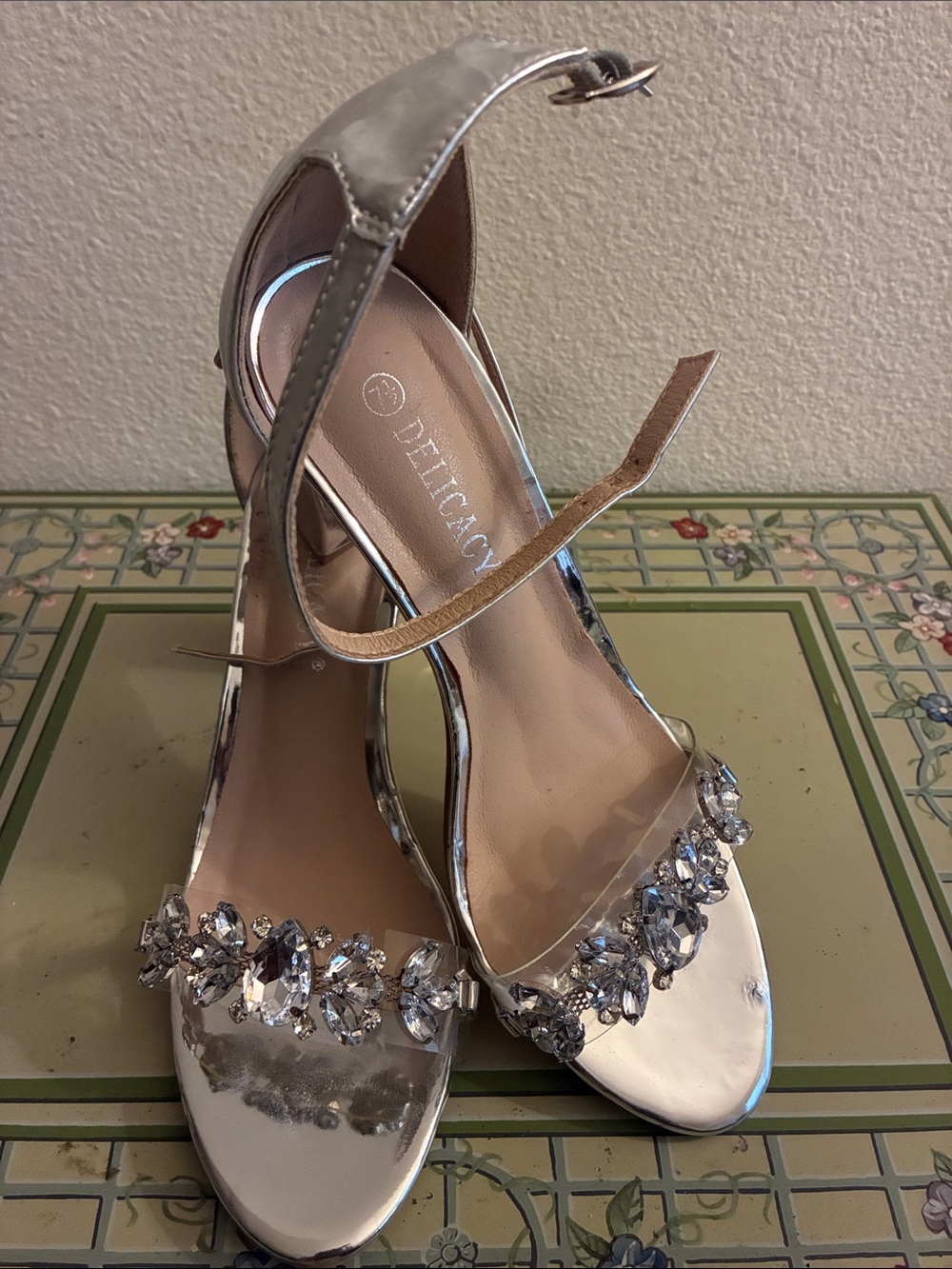 Delicacy Silver Crystal-Embellished Open-Toe Ankle-Strap Heels